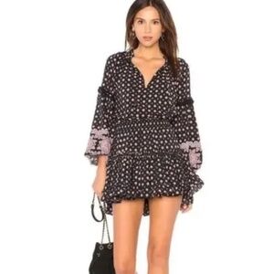 MISA Los Angeles Aurora Bell Sleeve Smocked Tiered Boho Mini Dress Size M